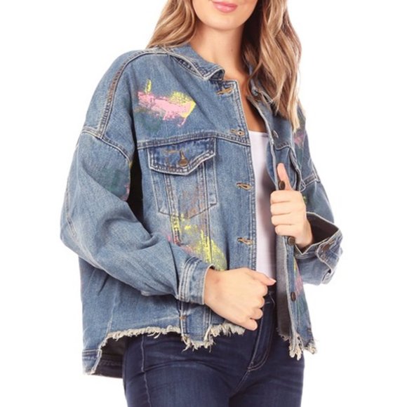 NEW Oversize Retro 70s 80s Paint Splatter Splash Distressed Hem Denim Jacket - Picture 2 of 6